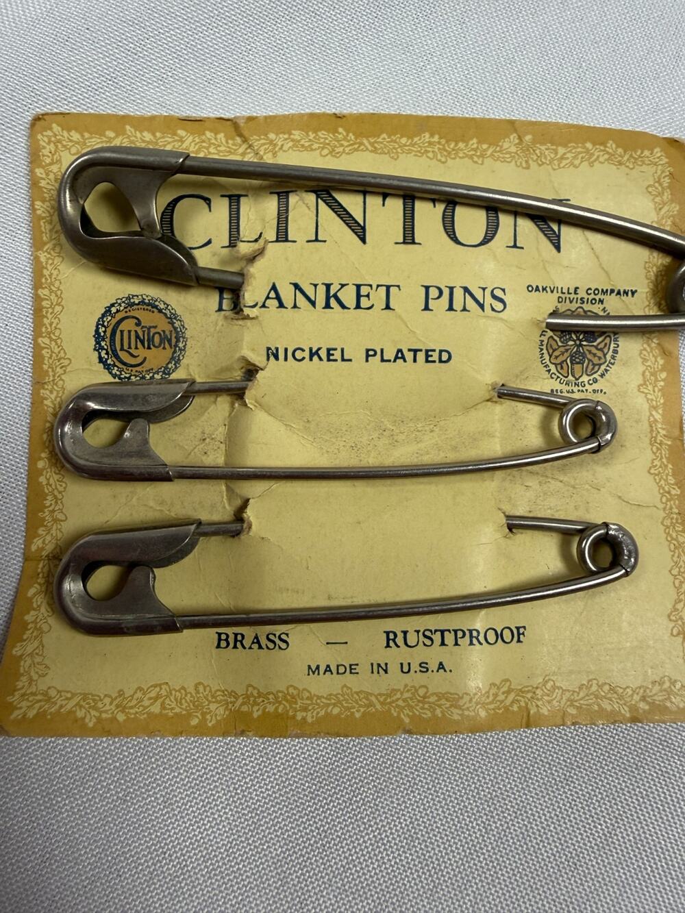 Vintage Clinton Blanket Pins Nickel Plated Brass 3.5in USA Set 3